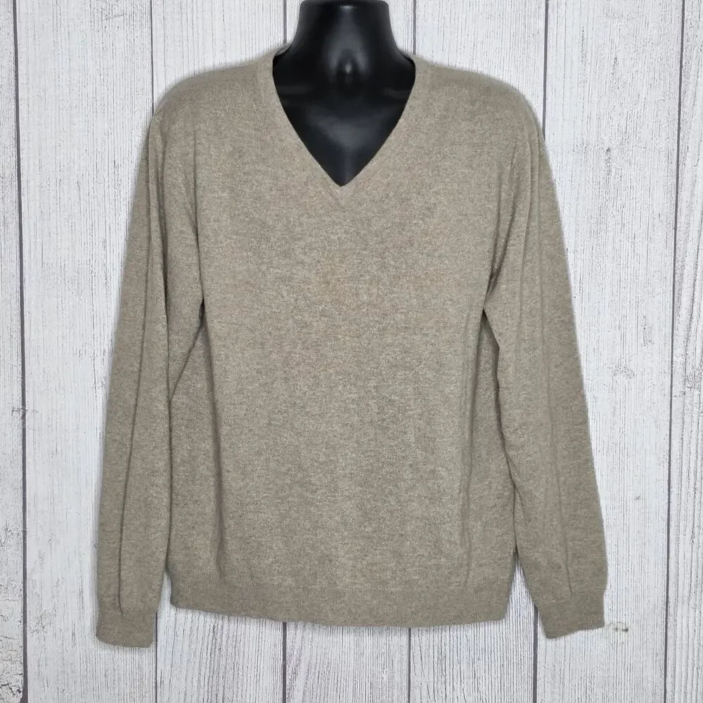 Joseph Abboud 100% Cashmere Sweater XL Tan Beige V Neck Luxury Soft